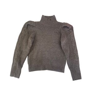 Cable Knit Puff Shoulder Mock Neck Sweater Taupe Brown Ribbed Long Sleeve
